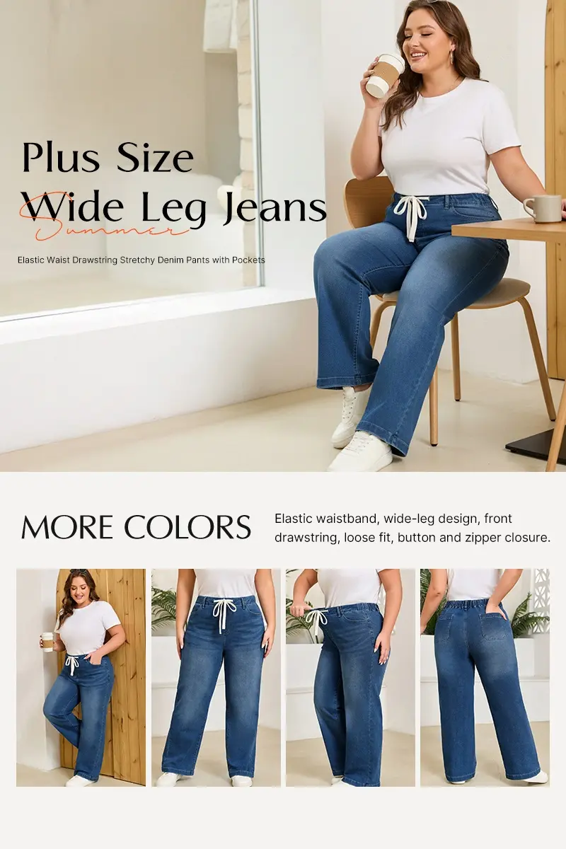 Eytino Women's Plus Size Wide Leg Jeans Elastic Waist Drawstring Stretchy Denim Pants with Pockets(1X-5X)