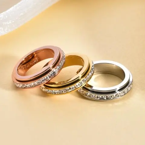 Women's Hypoallergenic Titanium Alloy Geometric Cubic Zirconia Fidget Rings - Anxiety Relief Spinner, Minimalist Symbolic Promise, Comfort Fit, Couples Gifts, Everyday Wear, Sizes 5-12, Anxiety Rings