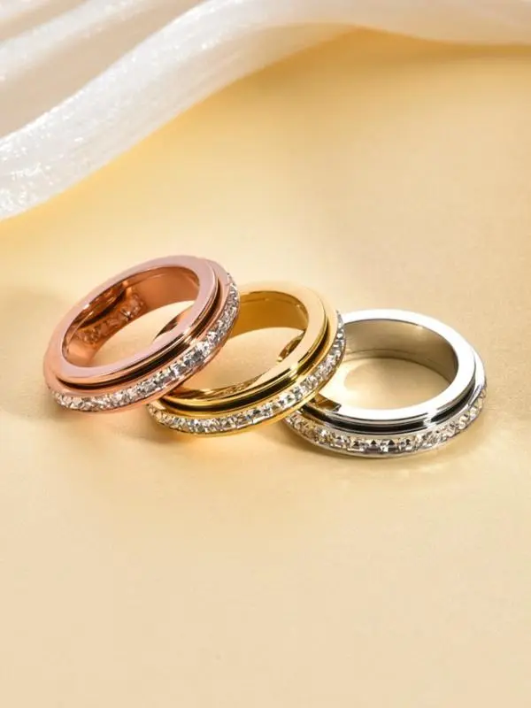 Titanium Steel Rotatable Fidget Rings - Cubic Zirconia Anxiety Relief Bands, Promise Rings for Couples, Women's Accessories, Women's Gifts (Sizes 5-12, Comfort Fit), Rotatable Ring