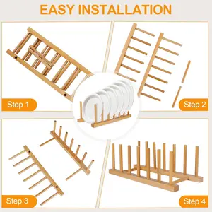 Bamboo Wooden Dish Racks Plate Stand Holder Vertical Drainer Kitchen Cabinet Organizer for Dish, Pots, Lids, Bowls, Cups, and Cutting Boards and Books(2 Packs)