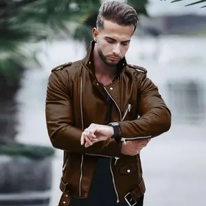 New men’s plus-size leather jacket, stylish slim-fit leather jacket, men’s jacket top with long sleeves