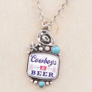 Cowboys and Beer Necklace with Decorative Pendant, Silver Chain, and Decorative Elements