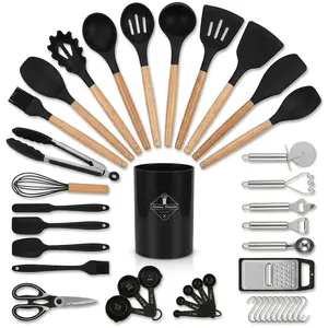 44pcs Aesthetic Professional Silicone Kitchen Utensils Set with Natural Wooden Handles - Non-Stick, Heat-Resistant Oven-Safe Tools with Stainless Steel Scissors, Pasta Tools, Measuring Cups, Spoons, Grater & Holder - Girly Kitchen Accessories kitchenware