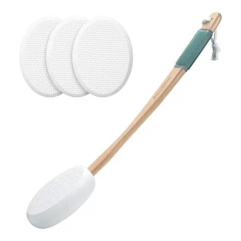 AmazerBath 17 In Long Handle Wood Lotion Applicator - Non-Slip Rubber Grip, EVA Pads, 4 Replaceable Pads, Elderly Women's Personal Bathing Accessory for Back Cream, Sunscreen