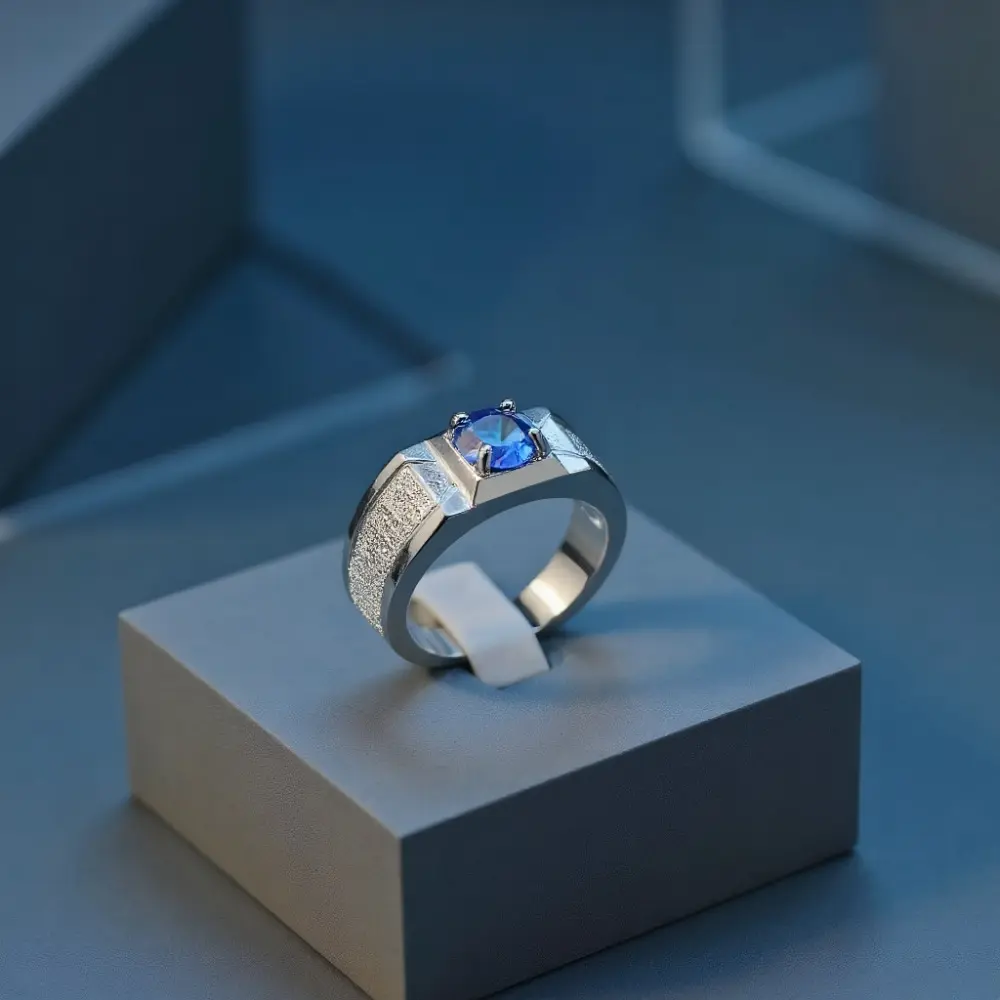 EJG Men's Vintage 925 Sterling Silver Ring with a 4-Prong Blue Zircon, Elegant Everyday Inlaid Stackable Band, Hypoallergenic Anniversary Gift for Him, Elegant Everyday Ring, Birthday Gift Ideas, Cubic Zirconia Rings