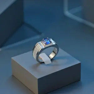 EJG Men's Ring, 925 Sterling Silver, with Blue Zircon Four-Prong Setting, Stylish Men's Jewelry, Everyday Wear Ring, Holiday Accessories.