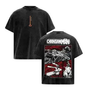 Anime Chainsaw Man Denji Vintage Acid Washed Graphic T-Shirt, Unisex Oversized Pure Cotton Short Sleeve Tee, Retro Manga Distressed Streetwear Top, Casual Loose Breathable Apparel for Daily Urban Street Style Anime Fans