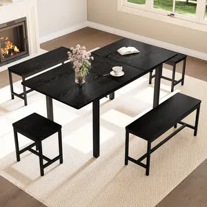 Modern Extendable Dining Table Set, Seats 4-8 with 2 Benches and 2 Stools, Easy Assembly, Sturdy Dining Furniture ideal for family meals, Versatile for kitchen and Dining room