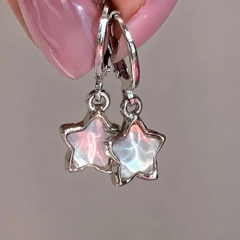 Y2K Iridescent Star Huggie Hoop Earrings | Silver Celestial Dangle Earrings Y2K Iridescent Star Huggie Hoop Earrings | Silver Celestial Dangle Earrings