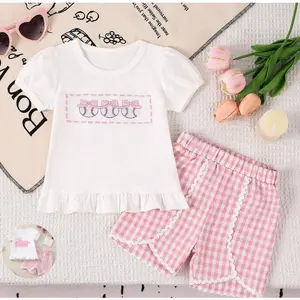 Ready Stock 6M-4Y Toddler Girls Baseball Embroidered T-Shirt & Plaid Shorts 2-Piece Set QQ-C019