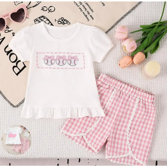 Back to School 6M-4Y Toddler Girls Baseball Embroidered T-Shirt & Plaid Shorts 2-Piece Set QQ-C019
