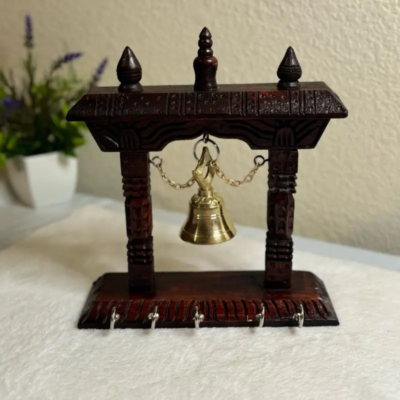 Handcrafted Wooden Key Stand with Brass Bell Brown