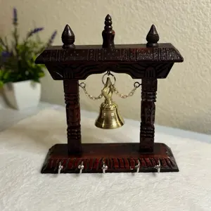 Handcrafted Wooden Key Stand with Brass Bell Brown