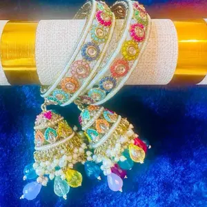 2pcs set Handmade Kundan & Multi-Color Stone Kada Bangles with Jhumka Latkan | Traditional Ethnic Bridal Jewelry Set