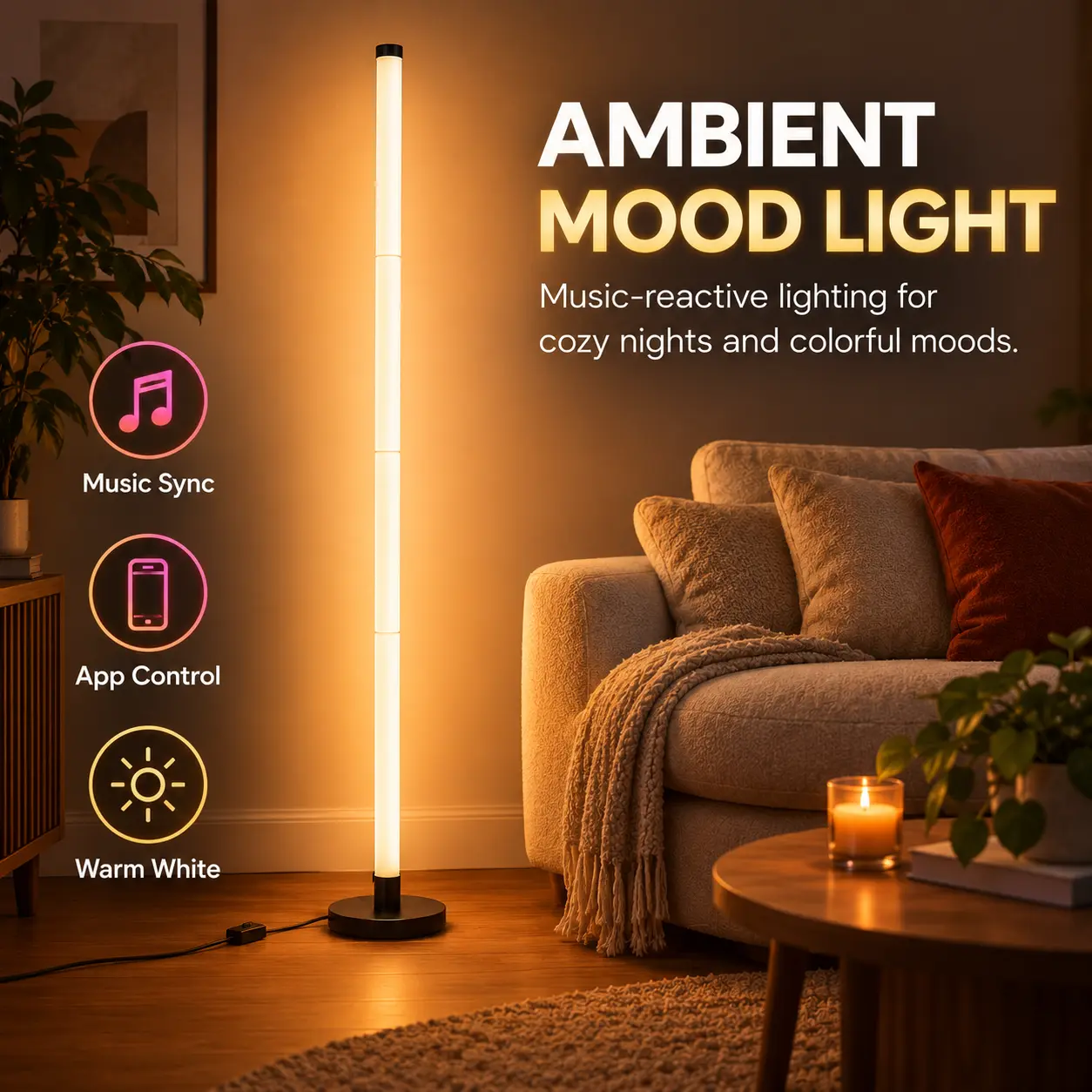 Upgraded Music Sync RGB Floor Lamp, Color Changing LED Standing Light with Remote Control, 16 Million Colors, Dynamic Lighting Modes, USB Powered Mood Light for Gaming Room, Bedroom & Parties