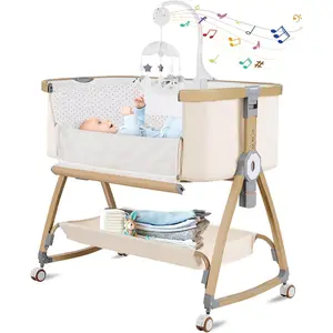 3-in-1 Portable Nightstand Bassinet Sleeper, Adjustable Baby Crib with Mattress, Mosquito Net, Storage Basket, and Wheels for Newborns, Beige