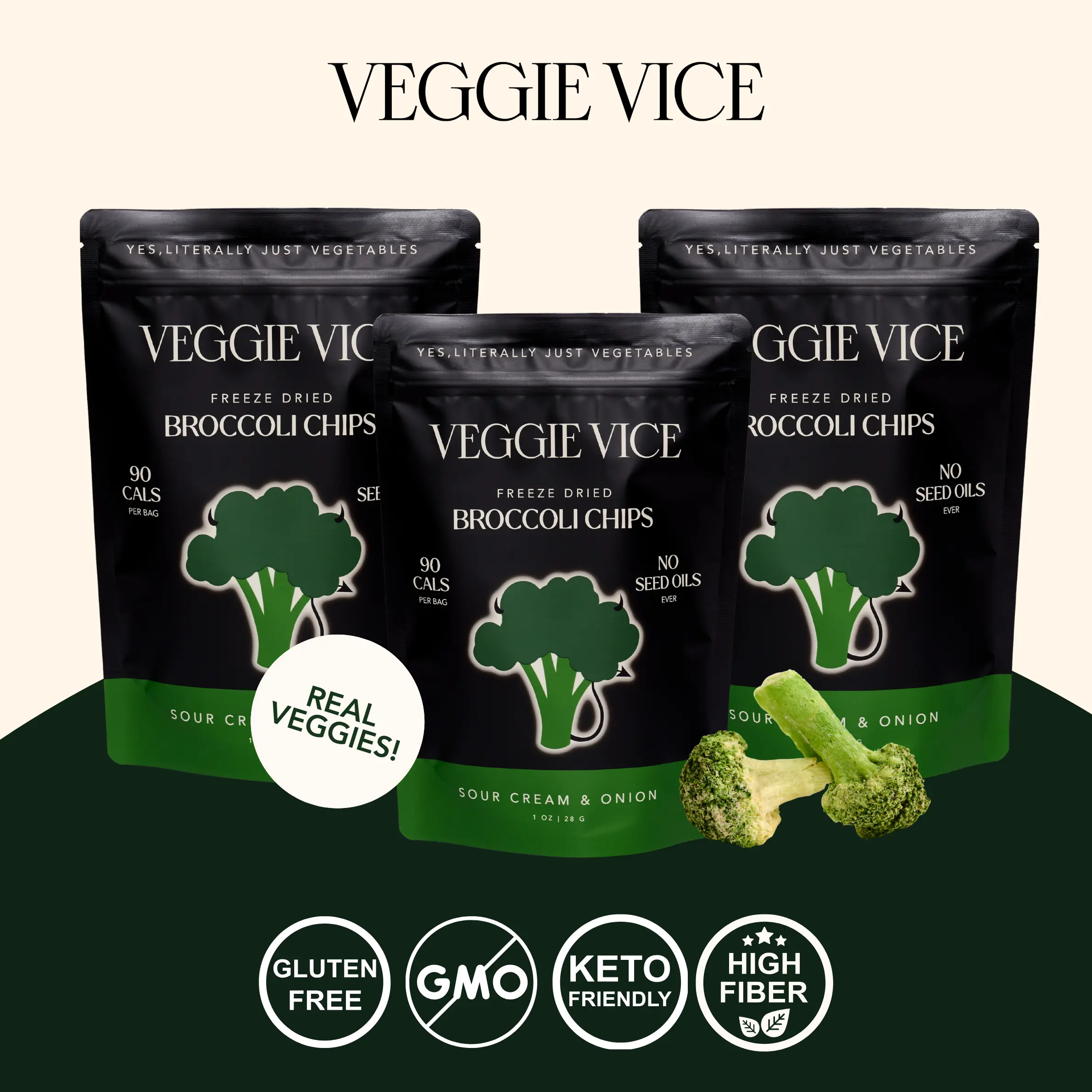 Broccoli Chips - Sour Cream & Onion | Freeze-Dried Crunchy & Healthy Veggie Snack