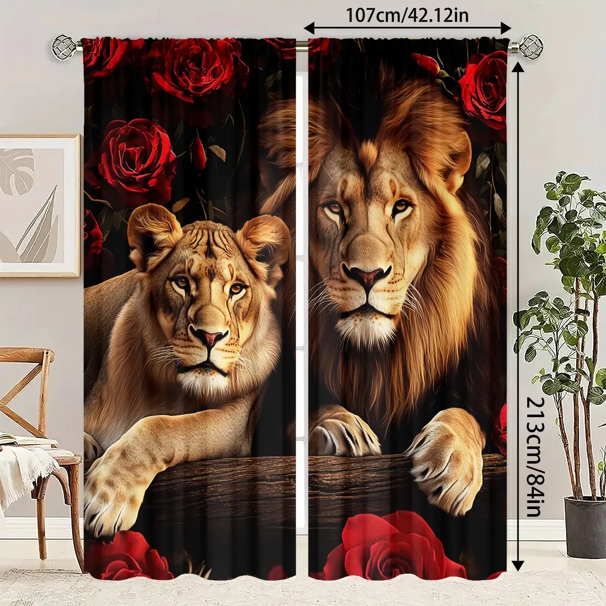 2pcs Lion Pattern Printed Curtains, HD Digital Print, Rod Pocket Installation, 100% Polyester, UV Protection, All-Season Decorative Curtains, Home Decoration Curtain, Easy Install Curtain, Window Curtain