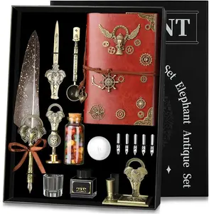 Pen Ink Set,with Quill Pen,Notebook,5 Replaceable Nibs,Ink,Pen Holder,,Spoon,Wax Beads, White Wax,Cup,Envelopes and Letter Paper Etc.Beautiful  Calligraphy Set.(Grey)