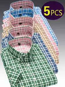 Pack of 5 men’s elegant short-sleeve plaid shirts; all-season casual single-breasted open-front tops suitable for summer daily commuting, office work, shopping trips, and relaxed home wear across various occasions. everyday