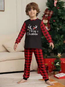 Christmas Kids' Fire-Resistant Pajamas Set, Cute Reindeer Horns Top & Plaid Pants, Fall Winter Home Wear, 2 Piece