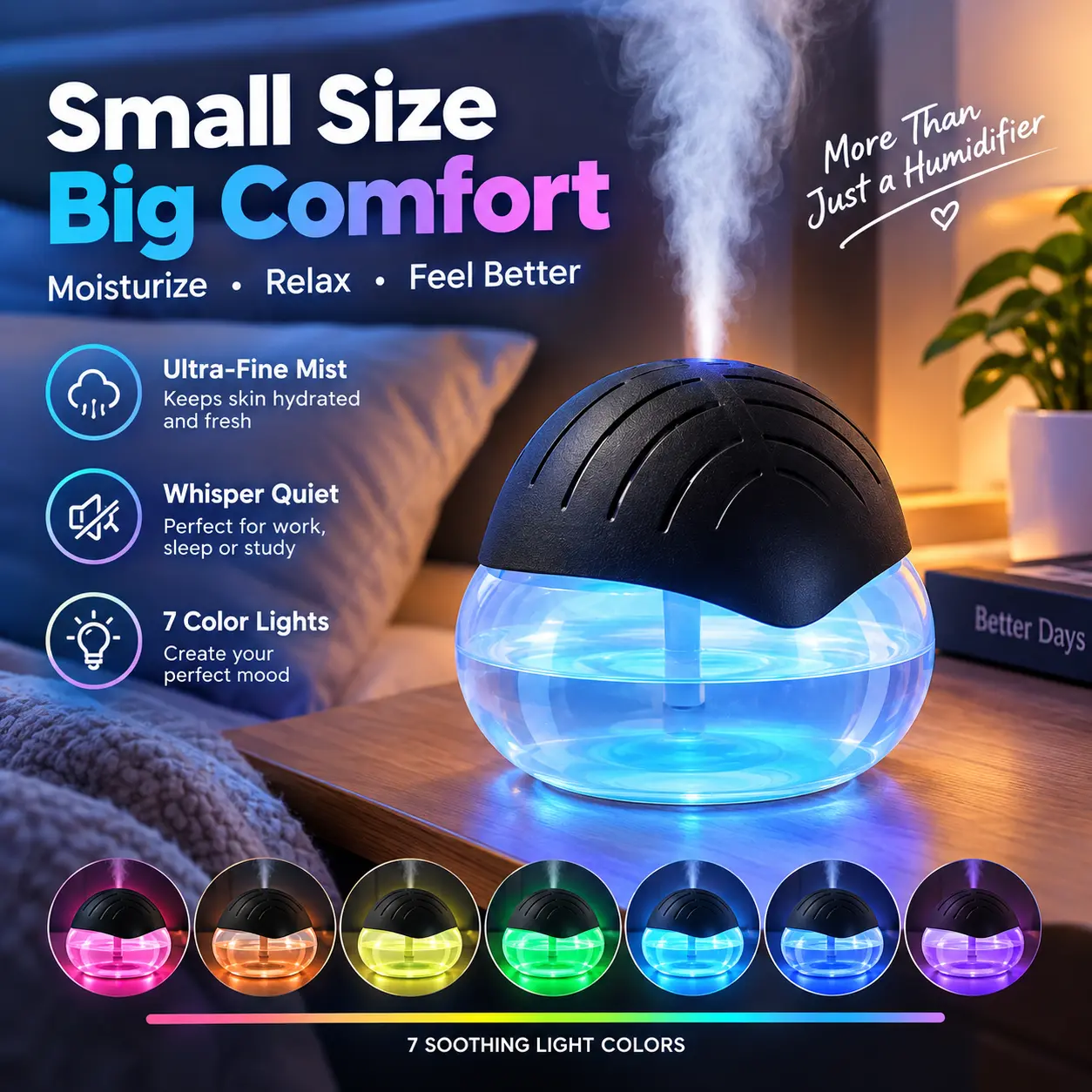 Water Based Air Purifier, 7 Color Changing LED Night Light, Desktop Air Revitalizer Air Cleaner, Filter-Free Quiet Air Freshener with Aroma Diffuser for Bedroom Office, Remove Smoke Dust Pet Odors