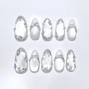 Handmade Luxury White Press On Nails | Chrome Silver Frame & Frosty Glow | Almond Nails For Wedding Or Holiday Glam