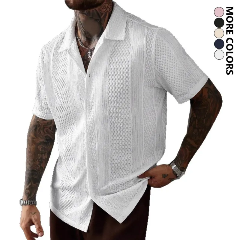 Men's Jacquard Knit Textured Openwork Plain Short-Sleeve Collared Casual Shirt - Menswear Tops, Comfortable Breathable for Daily Casual Wear, Summer Vacation