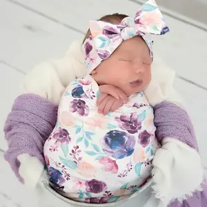 L-NG005  Newborn Floral Print Blanket Baby Stretch Wrap Swaddle Receiving Blanket with Matching Headband and Beanie (Purple Floral)