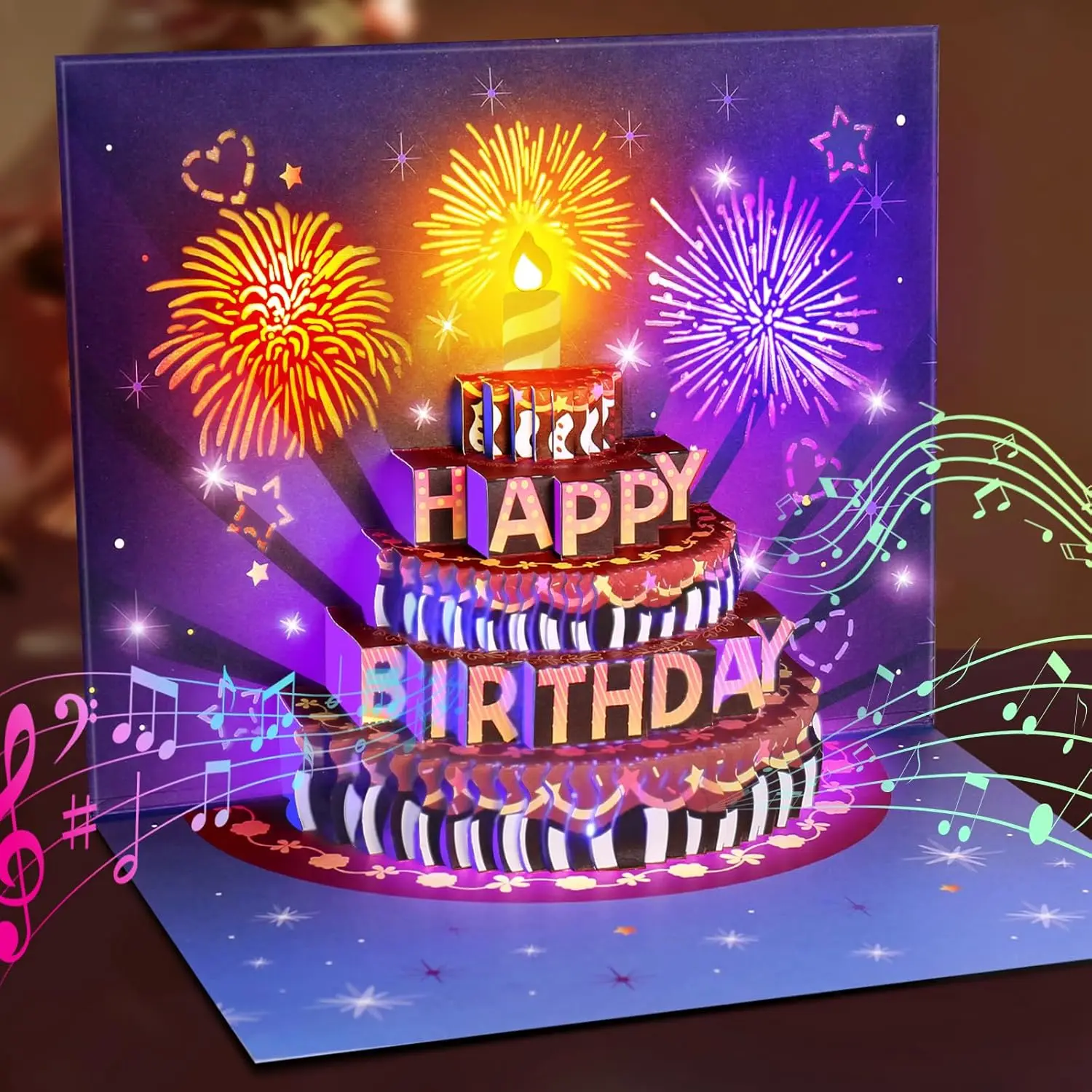 Inpher Popup Birthday Card - 8x6 in Office Stationery Gift with Fireworks, Cake, Light Show, Music Sync, Custom Message Card for Women