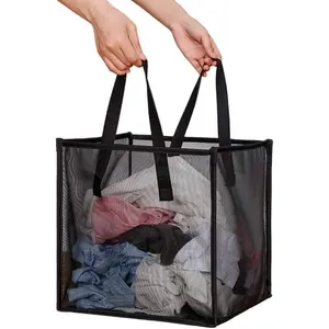 Laundry Bags Hamper Bag with Handles,&Collapsible Dirty Clothes Mesh Basket Foldable for, Kids Room,Dorm or Travel (Black, Single-Layer)