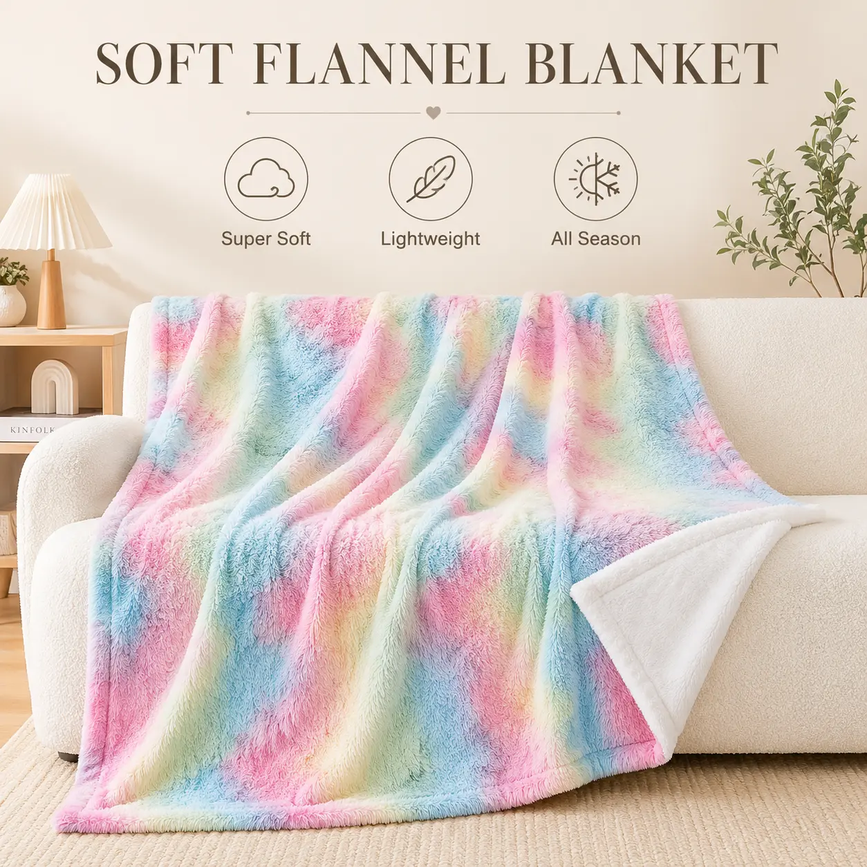 Pastel Rainbow Tie-Dye Flannel Throw Blanket - Soft, Lightweight, Plush, 1-Sided Print with White Reverse, All-Season Home Decor for Bed, Couch