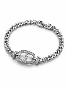 Men's Cz Inlaid CD Style Cuban Link Bracelet, Silver Material Q-Button Clasp, Daily Wear Hip Hop Jewelry