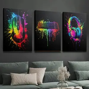 3 Pieces Optional Wooden Frame Colorful Pop Art Gamer Gamepad Game Wall Art Minimalist Print Canvas Painting Wall Poster For Bedroom Modern Home Decor Color Accurate Reproduction Hanging Painting Flat Anti-Wrinkle Art Canvas