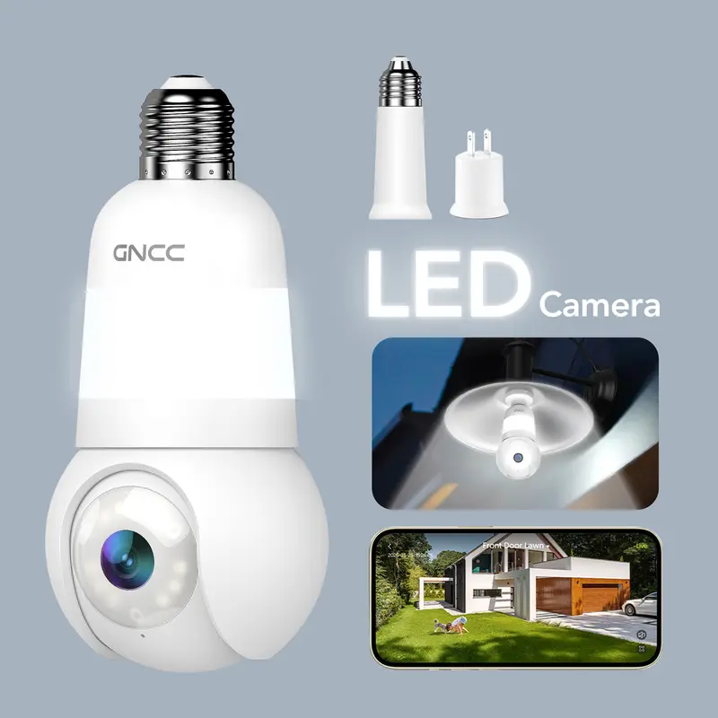 GNCC Light Bulb WiFi Monitoring Camera, 2K HDR 360 Pan-Tilt Security Cam with 24/7 Color & 10 IR + White LEDs Night Vision, 2.4G WiFi, Double Lighting, Motion Detection, 2-Way Audio, Alexa/Google Compatible, Bluetooth, Micro SD Support, Wall Mount,techvib