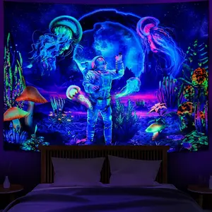 Blacklight Astronaut Space Tapestry with Jellyfish, UV Reactive Mushroom Galaxy Universe Planet Glow in Dark Tapestries for Home Game Living Room