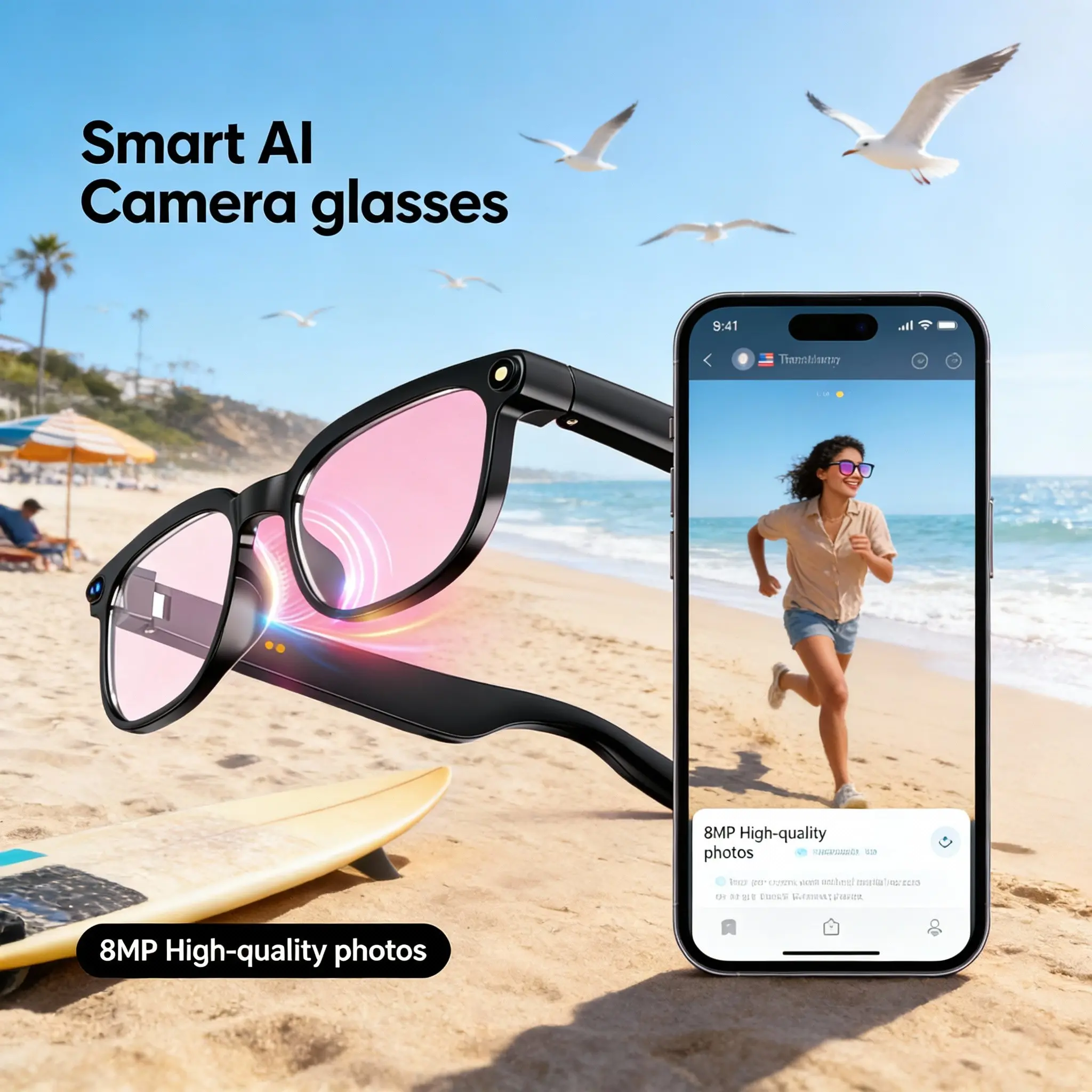 Wearable Smart Sunglasses with Camera, 8MP AI Glasses, Auto Photochromic UV Protection, Hands-Free Video Recording, 160+ Multilingual Real-Time Translation, iOS & Android Compatible for Travel Hiking