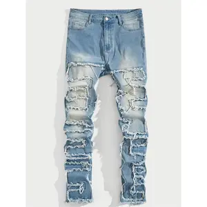 Boys' Slim-Fit Layered Ripped Jeans, Cotton Blended Denim Trousers Suitable for Leisure Outing