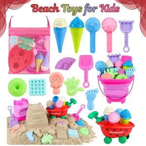 Beach Toys for Kids – Ice Cream Sand Toys Set with Collapsible Beach Bucket, Scoop, Cart & Molds, Mesh Bag, Summer Outdoor Travel Toys, Easter Gift, Perfect for Kids 3-5