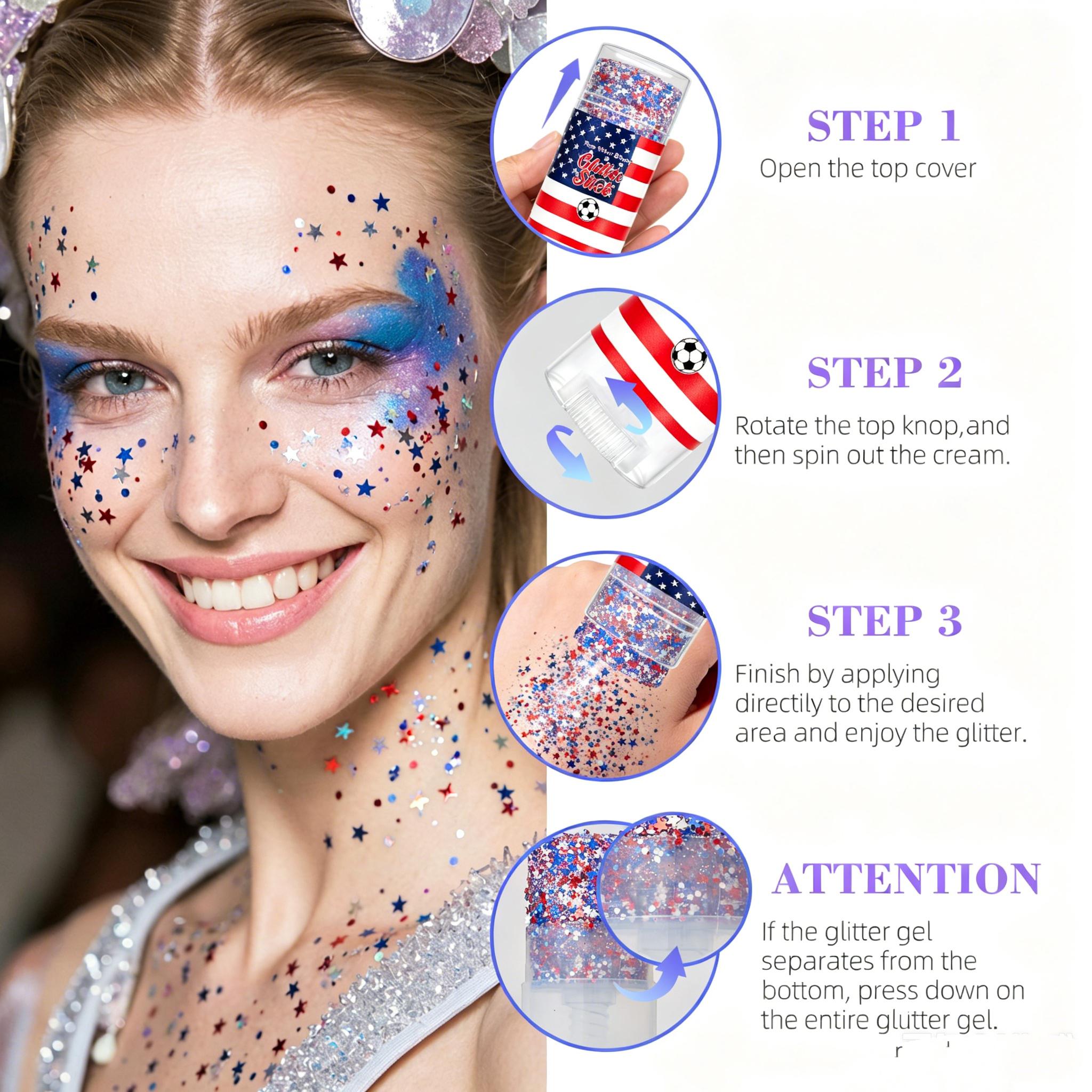 Chunky Self-Adhesive Waterproof Gel Stick - Red, White, Blue Patriotic 4th of July Accessories for Nail Art, Face, Party Use (Beauty & Personal Care Nail Decoration)