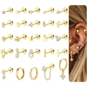 （ Not Sold In Pairs）Jstyle 25 Pcs Single-Earrings Hypoallergenic Earrings for Sensitive Ears Surgical Stainless Steel Earrings for Women Dainty Flat Back Earring Studs Hoop Cartilage Earring