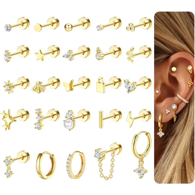 Jstyle Women's 25-Pc Earring Stacking Set, Nickel-Free 316L Surgical Stainless Steel, Hypoallergenic Flat Back Earrings, Lightweight Barely There Studs & Gold-Tone Cartilage Hoops (Not Sold In Pairs, For Everyday Wear)