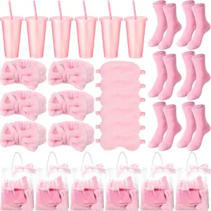 37Pcs (6 Sets) Sleepover Spa Party Favors, Including Tumblers With Straws, Eye Masks, Bow Spa Headbands, Cozy Socks, Thank You Cards, Silk Ribbon, Clear Gift Bags, Ideal For Baby Shower Gender Reveal Party Bridal Shower Birthday Party Bachelorette