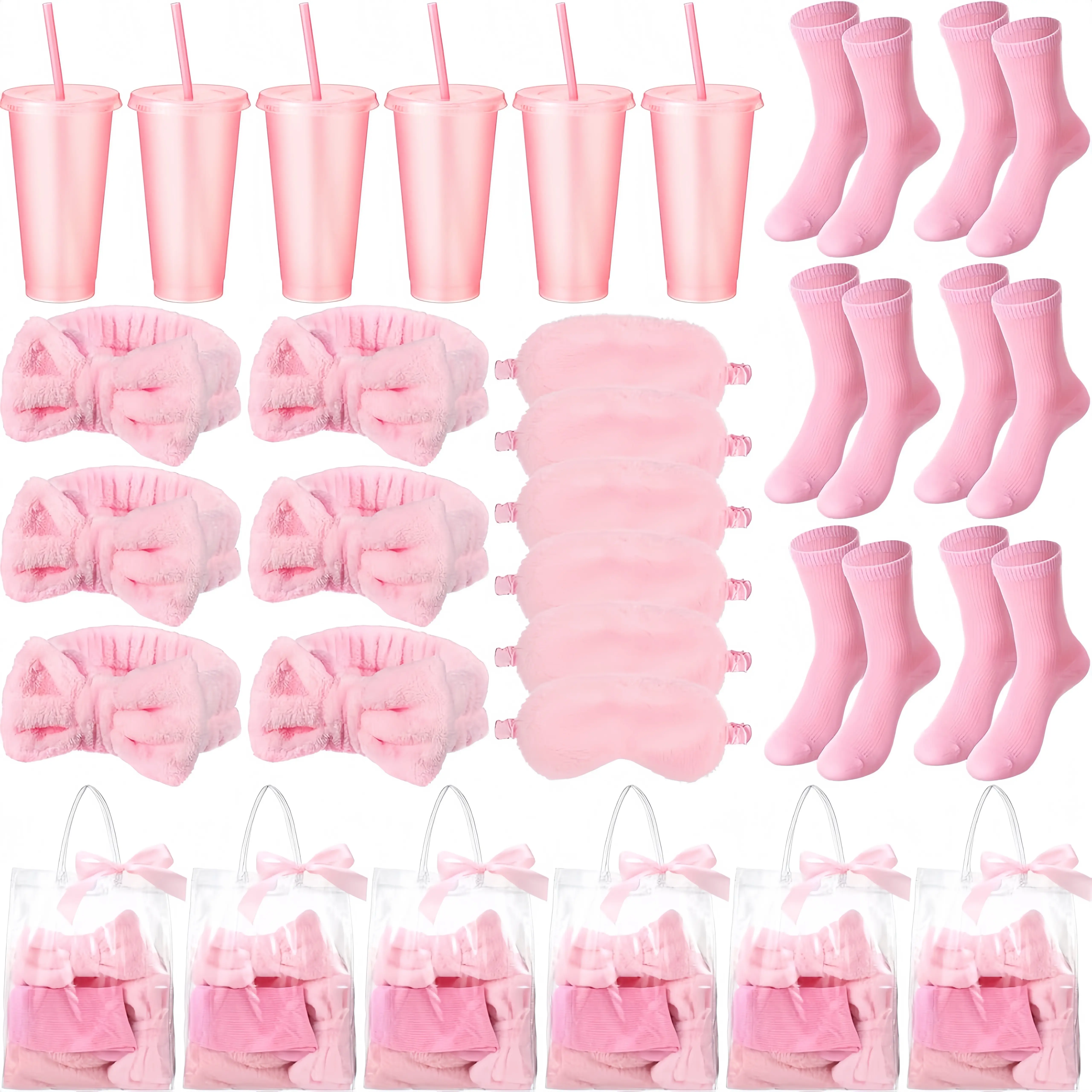 37Pcs (6 Sets) Sleepover Spa Party Favors, Including Tumblers With Straws, Eye Masks, Bow Spa Headbands, Cozy Socks, Thank You Cards, Silk Ribbon, Clear Gift Bags, Ideal For Baby Shower Gender Reveal Party Bridal Shower Birthday Party Bachelorette