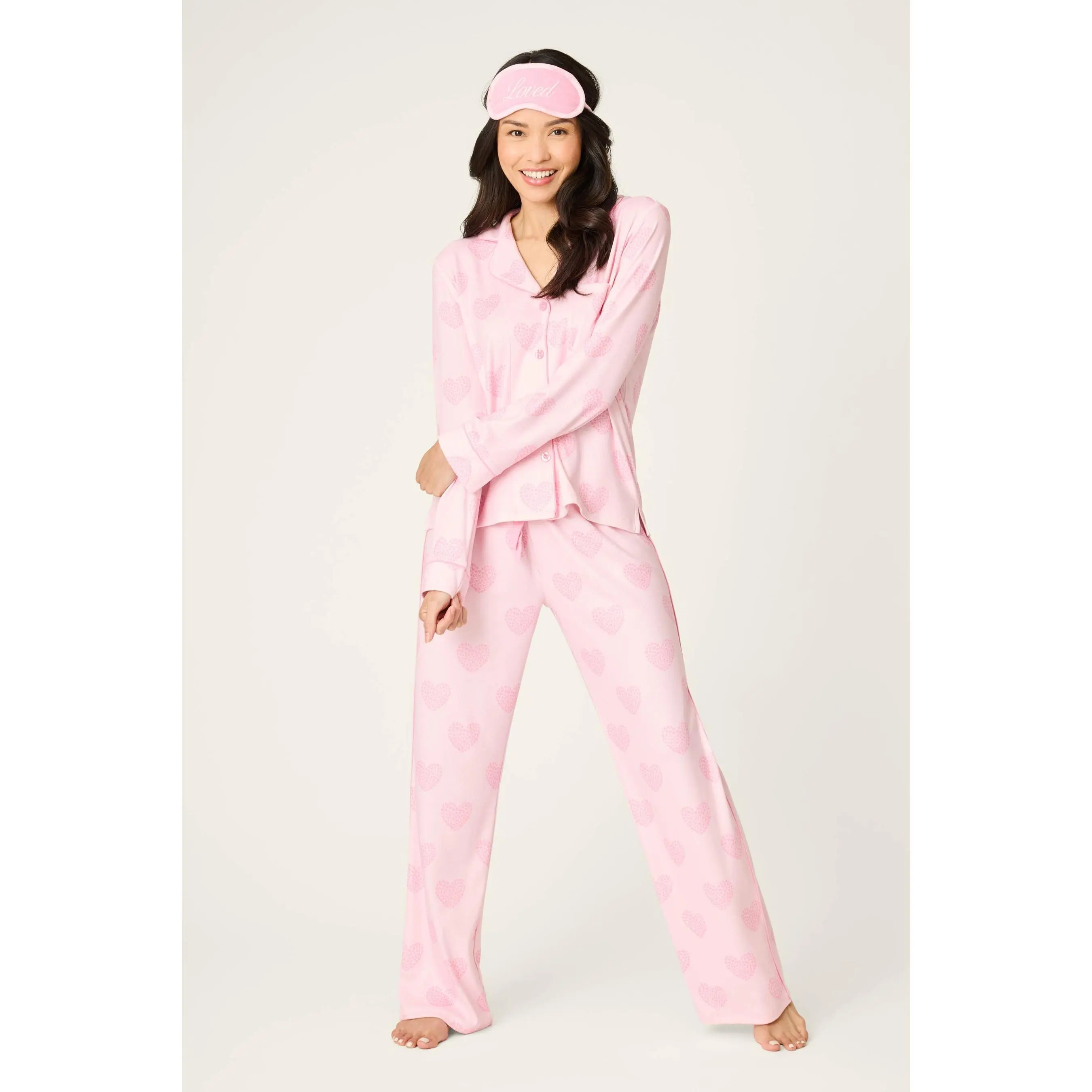 Women's Cute Heart Print 3-Piece Double Brushed Pointelle Pajama Set - Long Sleeve Button-Down Top, Drawstring Pants, Elastane-Polyester Loungewear with Loved Eye Mask, Relaxed Fit, Cold Wash, Do Not Bleach Nightwear