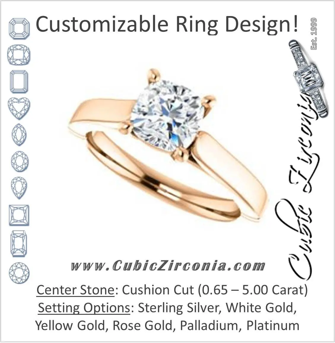 Cubic Zirconia Engagement Ring- The Kaela (Customizable Cushion Cut Solitaire with Stackable Band)