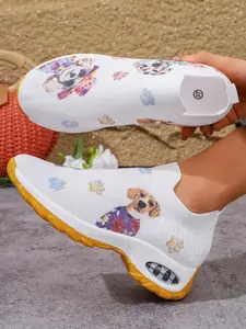 Cute Doggy Graffiti Air Cushion Flyknit Shoes, Soft Sole Comfortable Lazy Casual Shoes, Ideal for Relaxing and Leisure Activities
