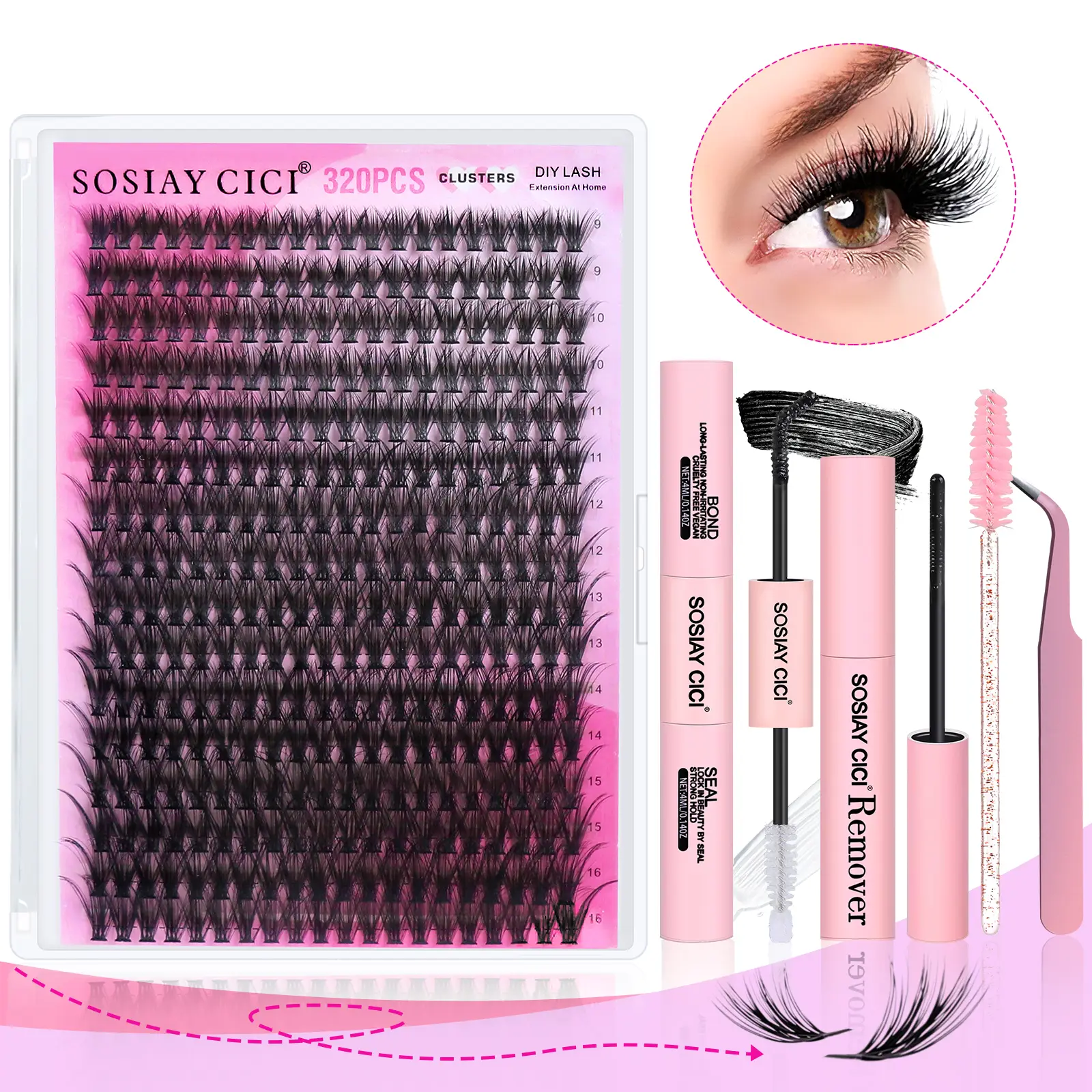 Lash Extension Kit DIY 320pcs Lash Clusters Eyelash Extension Kit, 9-16mm 40D Individual Lashes Kit with Lash Bond & Seal, Eyelash Tweezers , Suitable
