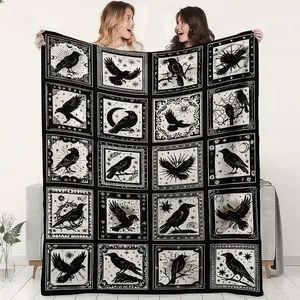 Dark Crow Patchwork Themed Blanket - Featuring Various Crows And Mysterious Elements Design & Black And White Tones - Made from Soft And Comfortable Material - Suitable for Home Decor, Gifts for Dark Style Enthusiasts & Relaxation