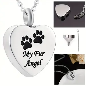 1pc Pet Memorial Necklace - Heart Pendant Cremation Urn Jewelry for Ashes of Cats and Dogs Chain Charm Paw Print My Fur Angel